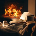 Woman with cup of coffee and book near fireplace at home, closeup